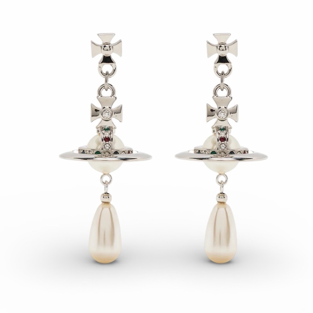 VIVIENNE WESTWOOD PEARL DROP EARRINGS – SATURN ORB – SILVER TONE
